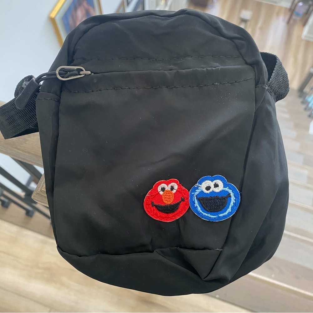 Black Crossbody Bag with Elmo and Cookie Monster Patches